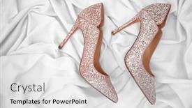  Presentation with sparkly - Presentation design consisting of pair of sparkly female shoes on white fabric top view background and a light gray colored foreground