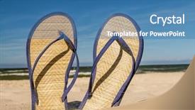  Presentation with stuck - Presentation theme featuring pair of straw flip-flops stuck into beach sand over blue sky background and a teal colored foreground