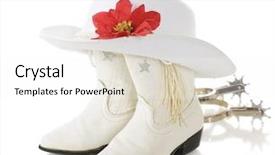  Presentation with hat - Cool new PPT layouts with pair of white cowgirl boots topped by a white hat with a red poinsettia with spurs laying nearby on a white background backdrop and a white colored foreground