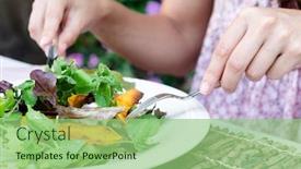 Presentation with dining - Beautiful slides featuring pair of woman's hands holding cutlery eating a fresh healthy raw spring salad with butternut pumpkin squash at a casual outdoor dining meal location backdrop and a seafoam green colored foreground
