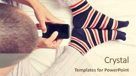  Presentation with socks - Theme having high-angle shot of a young caucasian man wearing pajamas and colorful striped socks using a smartphone in bed background and a cream colored foreground