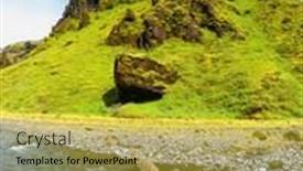  Presentation with moss - Presentation theme with pakgil canyon - green grass and moss on the rocks at the bottom of canyon flows small fast creek summer blooming iceland background and a yellow colored foreground
