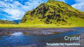  Presentation with moss - Presentation theme having pakgil canyon - green grass and moss on the rocks at the bottom of canyon flows small fast creek summer blooming iceland background and a ocean colored foreground