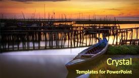  Presentation with row of textile looms weaving - Theme featuring palaffite port with row-boat background and a tawny brown colored foreground