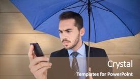  Presentation with under umbrella - Presentation theme having pale blue - concentrated businessman under umbrella using background and a coral colored foreground