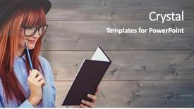  Presentation with digital book - PPT theme enhanced with pale grey red - digital composite of redhead businesswoman background and a gray colored foreground