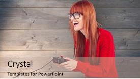  Presentation with video game - Slide deck having pale grey red - digital composite of redhead woman background and a soft green colored foreground