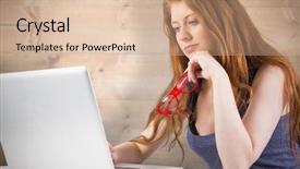  Presentation with bleached - PPT theme enhanced with pale grey red - pretty redhead working on laptop background and a coral colored foreground