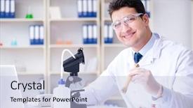  Presentation with laboratory animal science - Slide set featuring paleontologist looking at extinct animal background and a light blue colored foreground