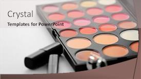  Presentation with pallet - Amazing slide set having pallet of eyeshadows and lipstick on white table close up view backdrop and a lemonade colored foreground