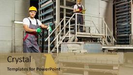  Presentation with paving - Slide deck having pallet truck on a factory background and a coral colored foreground