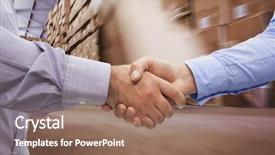  Presentation with shaking hands - Amazing PPT layouts having pallet truck stacker in warehouse backdrop and a coral colored foreground