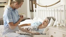  Presentation with nurse care - Beautiful presentation theme featuring palliative care - nurse taking pulse of senior backdrop and a coral colored foreground
