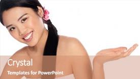  Presentation with young business woman smile show - Audience pleasing theme consisting of palm for your product placement backdrop and a  colored foreground