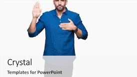  Presentation with human hands open palm up - Colorful slide set enhanced with palm making a loyalty promise backdrop and a  colored foreground