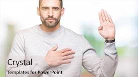  Presentation with young man on the phone - Audience pleasing presentation design consisting of palm making a loyalty promise backdrop and a  colored foreground