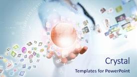  Presentation with media image - Beautiful presentation theme featuring palm of businesswoman media backdrop and a sky blue colored foreground