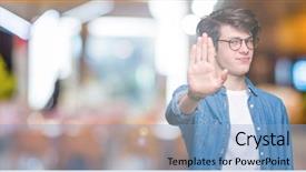  Presentation with elegant man in glasses optics - PPT layouts enhanced with palm of the hand warning background and a light blue colored foreground