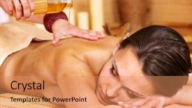  Presentation with beautiful young woman getting face - Cool new PPT theme with palm oil tree - young woman getting massage backdrop and a coral colored foreground