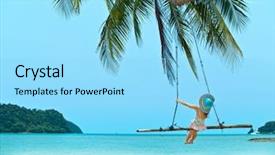  Presentation with girl running on the beach clouds - PPT layouts featuring palm sea coconut trees - little girl on the beach background and a arctic colored foreground