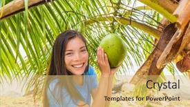  Presentation with coconut palm tree - Slide set featuring girl on tropical vacation holiday background and a yellow colored foreground