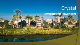  Presentation with canal irrigation - Presentation theme having palm-trees-and-residential-buildings background and a teal colored foreground