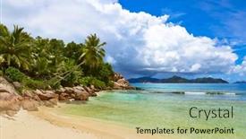  Presentation with tropical - Theme having palms-on-tropical-beach-seychelles background and a yellow colored foreground