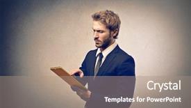  Presentation with tablet - PPT theme featuring palmtop - handsome businessman with tablet background and a coral colored foreground