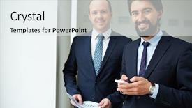  Presentation with elegant - Audience pleasing slide deck consisting of palmtop - image of two elegant businessmen backdrop and a sky blue colored foreground