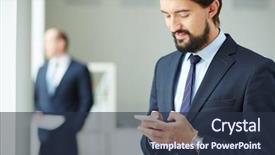  Presentation with smartphone - Colorful slide set enhanced with palmtop - image of young businessman using backdrop and a tawny brown colored foreground