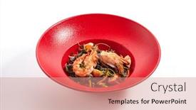  Presentation with ink - Amazing PPT theme having pan-asian restaurant noodles with cuttlefish ink shrimps and salmon with slices of vegetables sprinkled with fresh herbs in red plate backdrop and a coral colored foreground