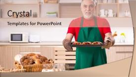  Presentation with old fashioned country kitchen - Slide set featuring pan cake shop - old male baker working background and a  colored foreground