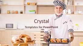  Presentation with kitchen - Audience pleasing PPT theme consisting of pan cake shop - old male baker working backdrop and a  colored foreground