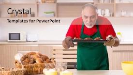  Presentation with old fashioned country kitchen - Audience pleasing PPT theme consisting of pan cake shop - old male baker working backdrop and a soft green colored foreground