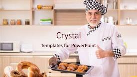  Presentation with kitchen - Presentation theme consisting of pan cake shop - old male baker working background and a  colored foreground