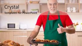  Presentation with old fashioned country kitchen - Presentation with pan cake shop - old male baker working background and a soft green colored foreground