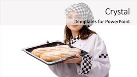  Presentation with worried young female college student - Colorful presentation theme enhanced with pan cake shop - young female baker isolated backdrop and a  colored foreground