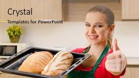  Presentation with kitchen - PPT theme featuring pan cake shop - young female baker working background and a coral colored foreground