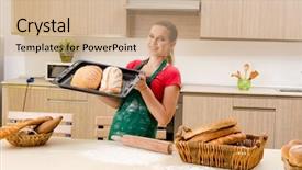  Presentation with female veteran - Cool new PPT layouts with pan cake shop - young female baker working backdrop and a coral colored foreground