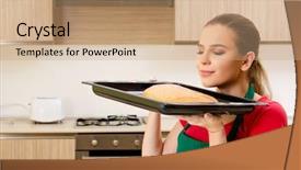  Presentation with kitchen - PPT layouts having pan cake shop - young female baker working background and a coral colored foreground