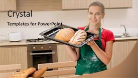  Presentation with female veteran - PPT theme featuring pan cake shop - young female baker working background and a coral colored foreground