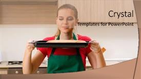  Presentation with kitchen - Presentation theme consisting of pan cake shop - young female baker working background and a coral colored foreground
