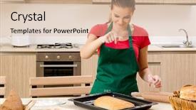  Presentation with kitchen - Amazing slide set having pan cake shop - young female baker working backdrop and a soft green colored foreground