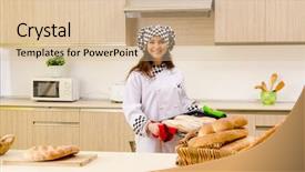  Presentation with worried young female college student - Presentation theme with pan cake shop - young female baker working background and a lemonade colored foreground