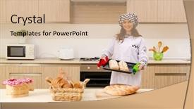  Presentation with female reproductive system - Slide set having pan cake shop - young female baker working background and a coral colored foreground