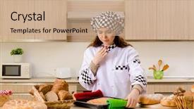  Presentation with kitchen - Presentation with pan cake shop - young female baker working background and a coral colored foreground