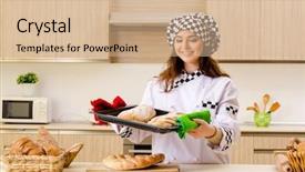  Presentation with kitchen - Presentation design consisting of pan cake shop - young female baker working background and a coral colored foreground