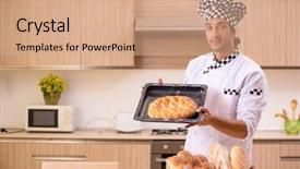  Presentation with kitchen - Amazing presentation having pan cake shop - young male baker working backdrop and a  colored foreground