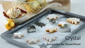 Presentation with beautiful reof christmas season - Presentation design having pan card - beautiful christmas cookies on oven-tray background and a light blue colored foreground