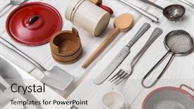  Presentation with vintage cooking - PPT layouts enhanced with pan card - old red white doll's kitchen background and a light gray colored foreground